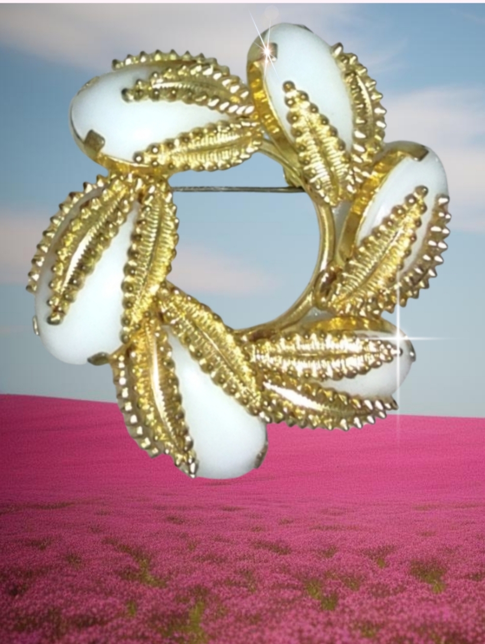 Gold Swirl Flower Brooch w/ White Stones Vintage  Made In Austria